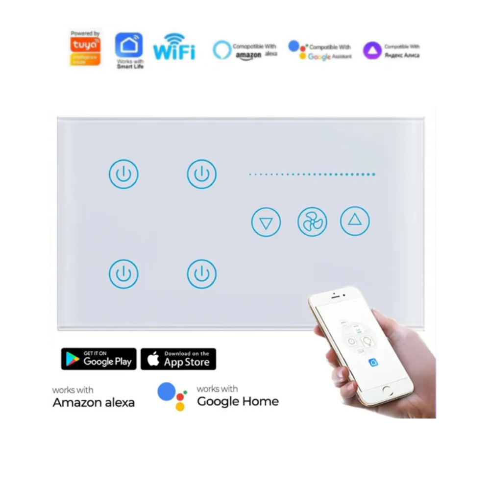 4 Gang Wifi Fan Dimmer White Glass Panel With Power Icon