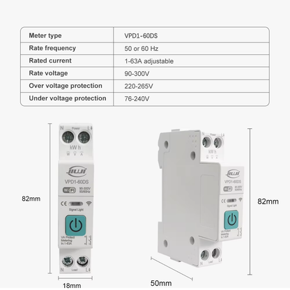 63A 1P+N WiFi Smart Circuit Breaker with Energy Metering
