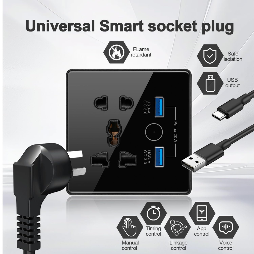 Smart Wifi Wall Socket With USB Port + 1 USB + 1 Type-C – Crystal Series | Black