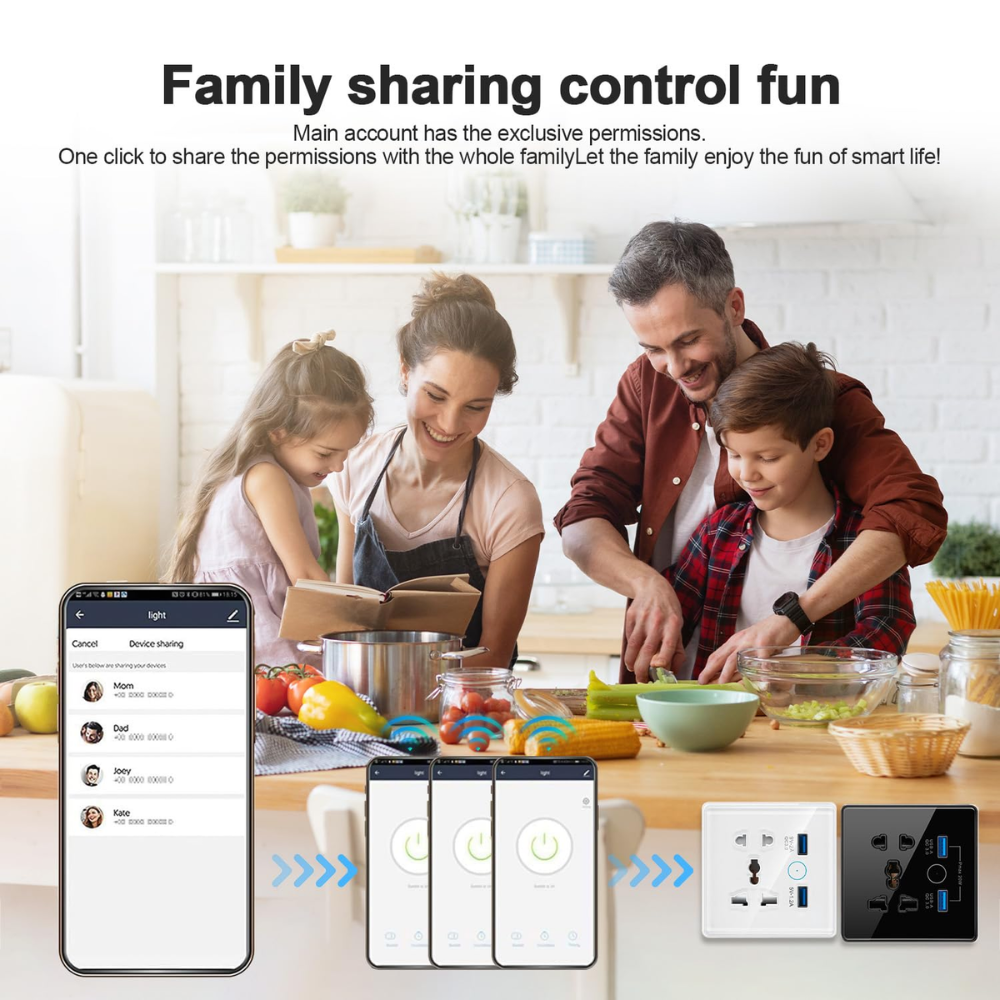 Smart Wifi Wall Socket With USB Port + 1 USB + 1 Type-C – Crystal Series | Black
