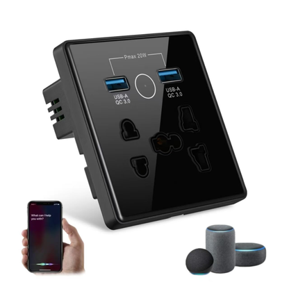 Smart Wifi Wall Socket With USB Port + 1 USB + 1 Type-C – Crystal Series | Black