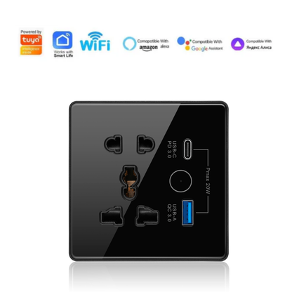 Smart Wifi Wall Socket With USB Port + 1 USB + 1 Type-C – Crystal Series | Black