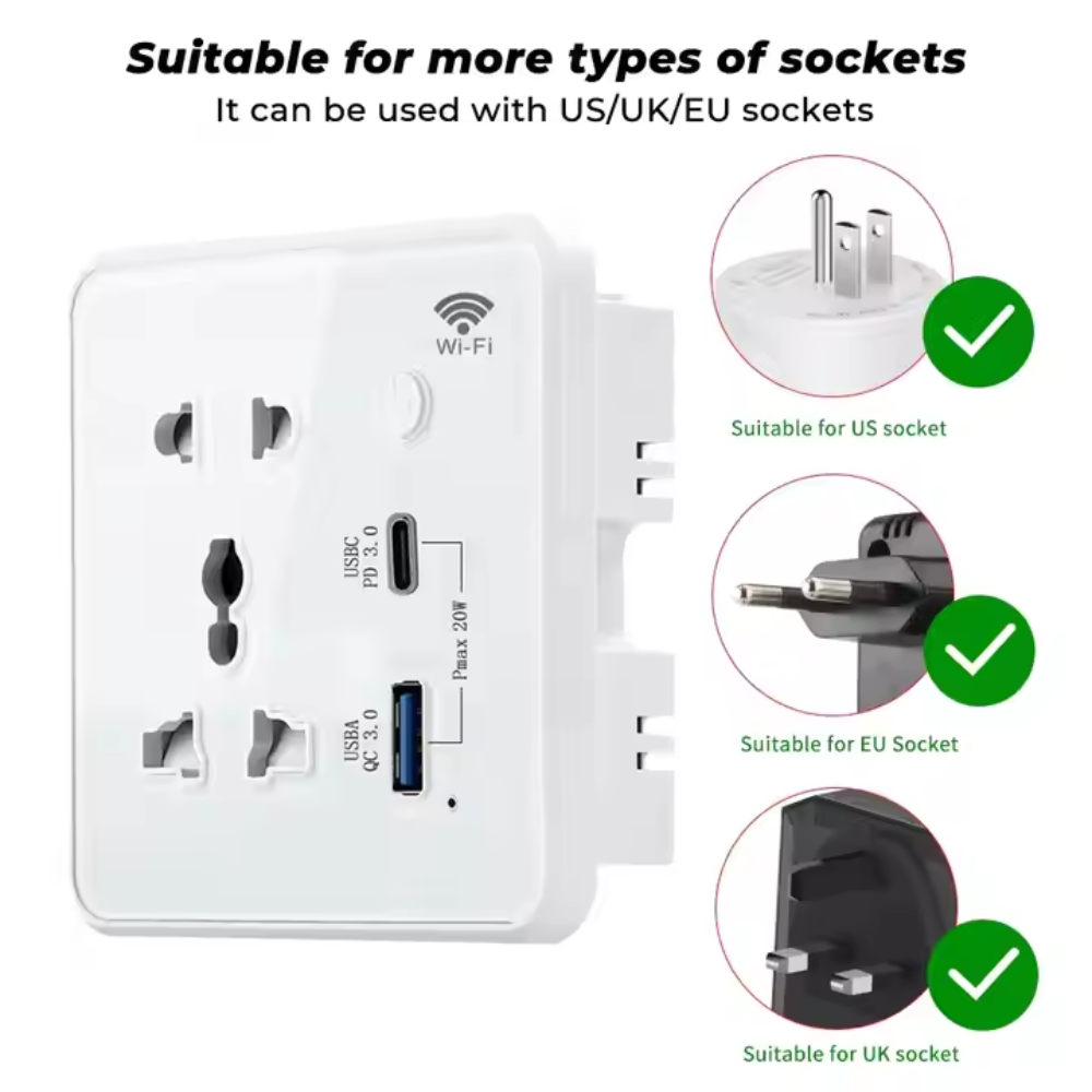 Smart Universal Wall Socket with Dual USB Ports Touch Switch | White