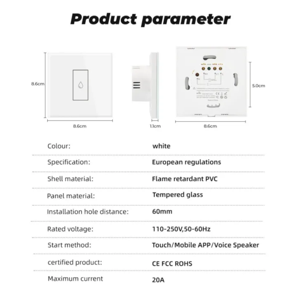 Smart 20A Boiler Wifi Switch  | Geyser & Water Heater Touch Panel With Power Monitor White