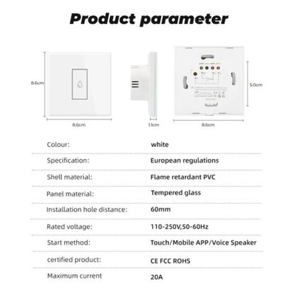 Smart 20A Boiler Wifi Switch  | Geyser & Water Heater Touch Panel With Power Monitor White