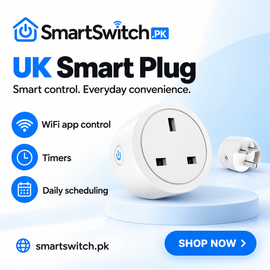 White UK Smart Plug shown on a light blue and white promotional graphic with SmartSwitch branding, feature icons for WiFi app control, timers, and daily scheduling, and a blue 'SHOP NOW' button.