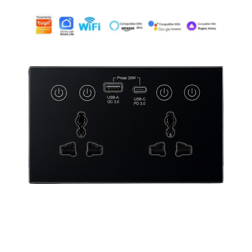 Universal Dual Socket With Type C & USB Smart Wall Outlet Black