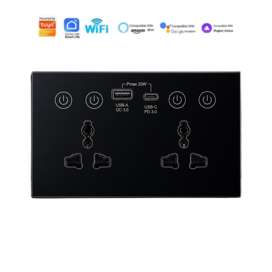 Universal Dual Socket With Type C & USB Smart Wall Outlet Black
