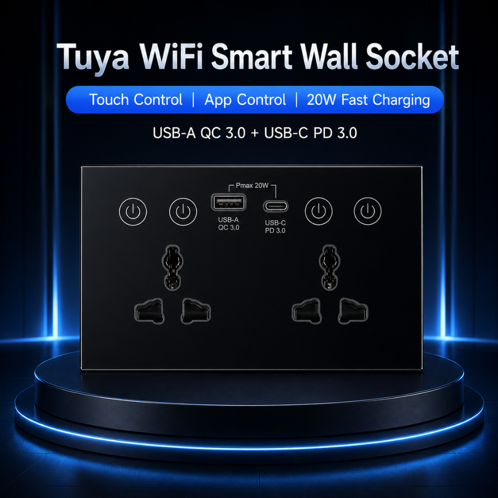 Universal Dual Socket With Type C & USB Smart Wall Outlet Black
