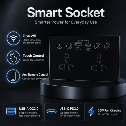 Universal Dual Socket With Type C & USB Smart Wall Outlet Black