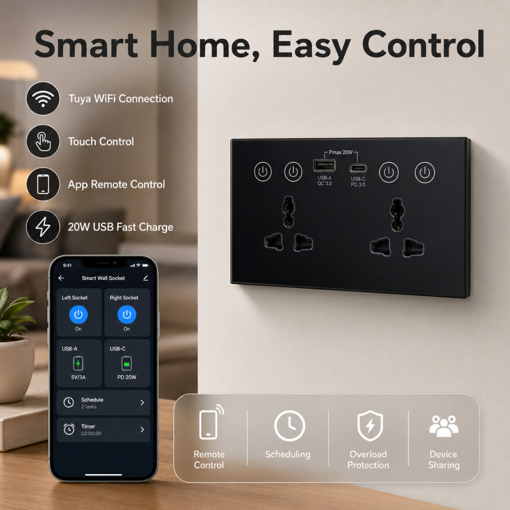 Universal Dual Socket With Type C & USB Smart Wall Outlet Black