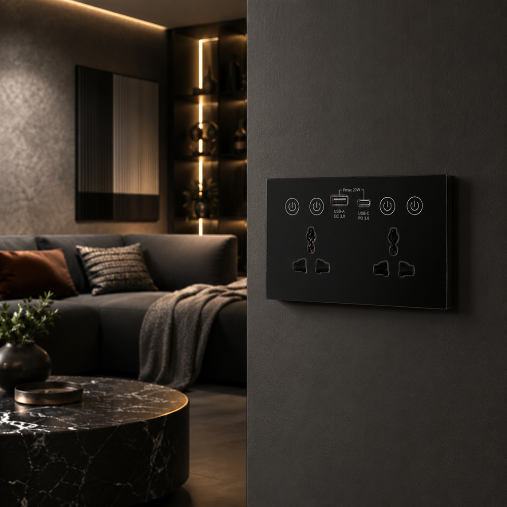 Universal Dual Socket With Type C & USB Smart Wall Outlet Black