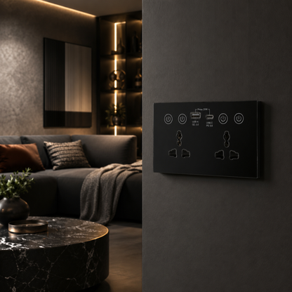 Universal Dual Socket With Type C & USB Smart Wall Outlet Black
