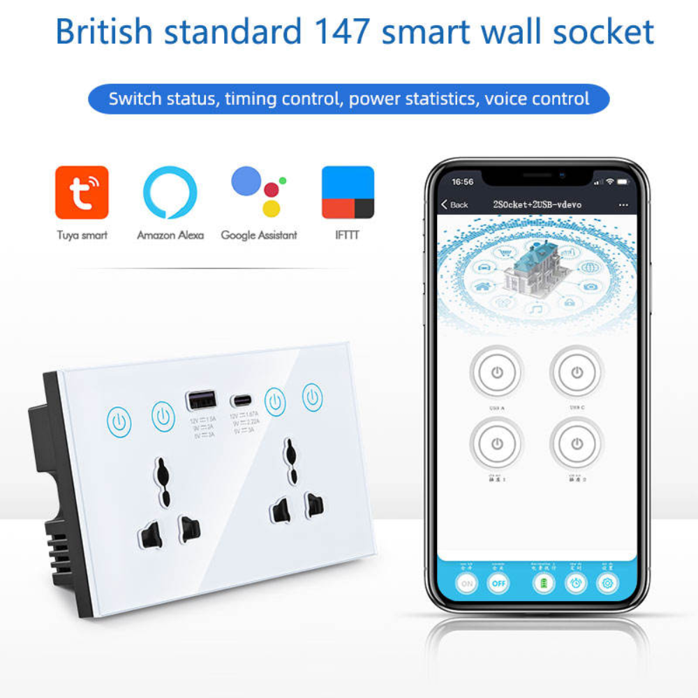 Universal Smart Dual Socket Type C & USB Smart Wall Outlet White
