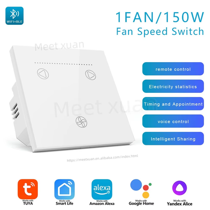WiFi Fan Dimmer Switch | Glass Touch Panel White | Fan Speed & Light Control