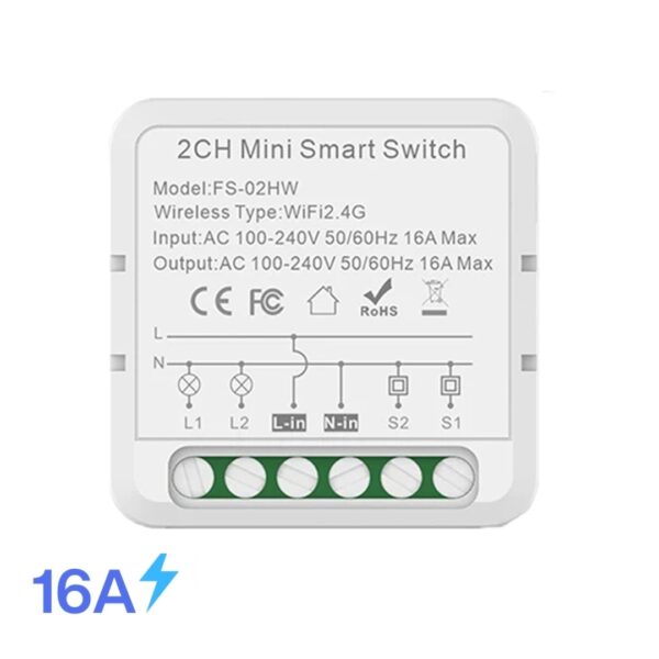 2CH Smart WiFi Switch Mini 16A – Dual Channel WiFi DIY Switch