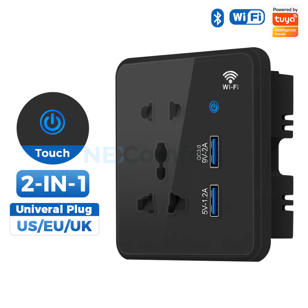 Smart WiFi Universal Wall Socket 10A Black Dual USB