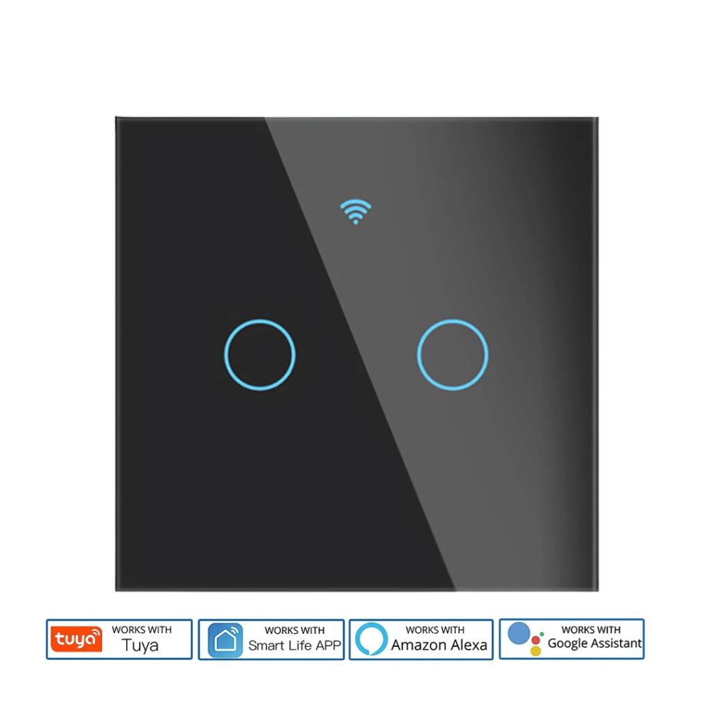 WiFi Touch Switch Panel 2 Gang Black – Dual-Control Smart Light Switch